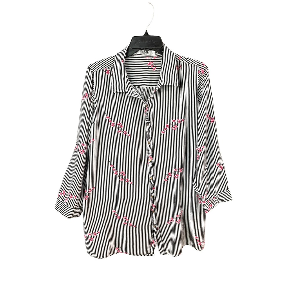 Solitaire by Ravi Khosla Womens XL Black White Striped Pink Floral Button Up Top